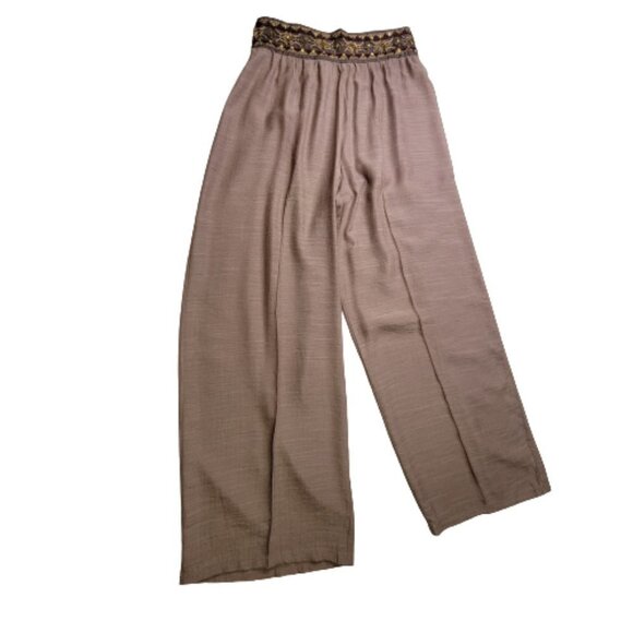 Solid Sand Brown Sheer Sequin Waistband Wide Leg Casual Pants - Picture 5 of 11